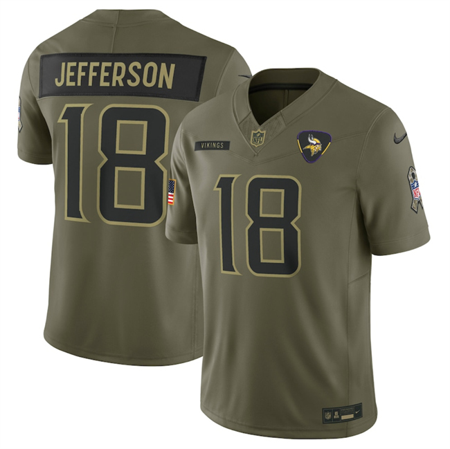 Men's Minnesota Vikings #18 Justin Jefferson Olive 2025 Salute to Service Limited Stitched Football Jersey