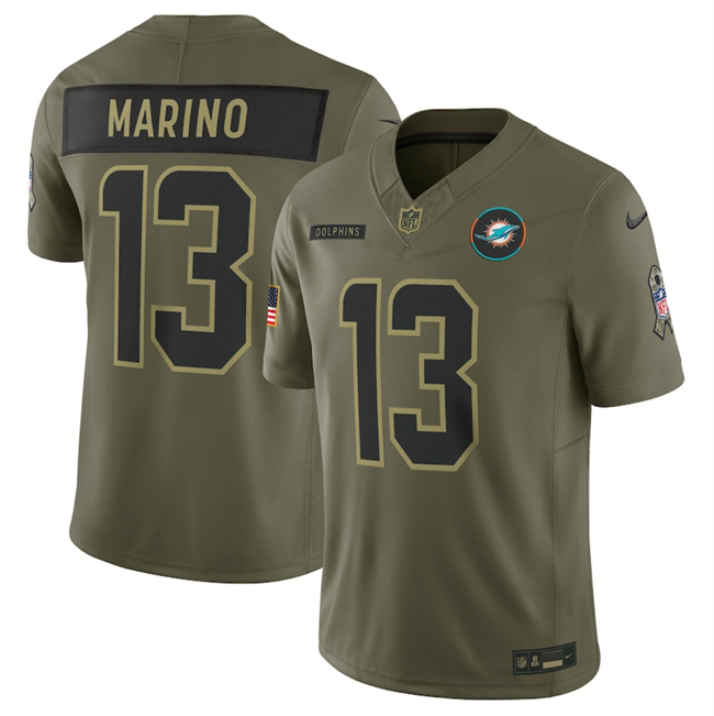 Men's Miami Dolphins #13 Dan Marino Olive 2025 Salute to Service Limited Stitched Football Jersey