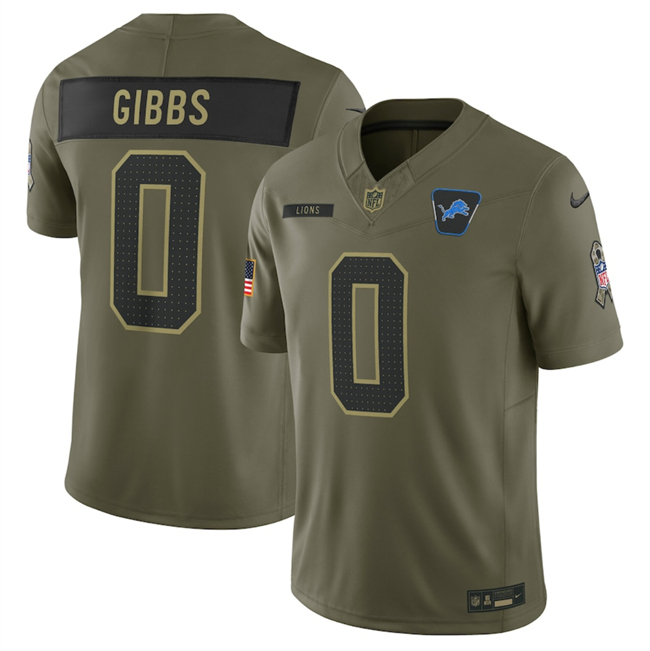 Men's Detroit Lions #0 Jahmyr Gibbs Olive 2025 Salute to Service Limited Stitched Football Jersey