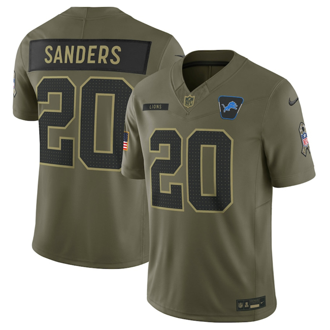 Men's Detroit Lions #20 Barry Sanders Olive 2025 Salute to Service Limited Stitched Football Jersey