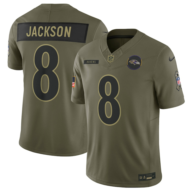 Men's Baltimore Ravens #8 Lamar Jackson Olive 2025 Salute to Service Limited Stitched Football Jersey
