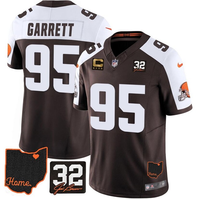 Youth Cleveland Browns #95 Myles Garrett Brown Alternate 2025 F.U.S.E. 4-Star C Patch With Jim Brown Memorial & Home Patch Vapor Limited Stitched Football Jersey