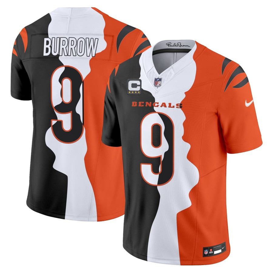 Men's Cincinnati Bengals #9 Joe Burrow Orange Black White F.U.S.E. 4-Star C Patch Limited Jersey