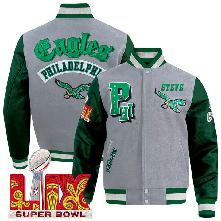 Men's Philadelphia Eagles Grey Kelly Green 2025 Super Bowl Stitched Jacket