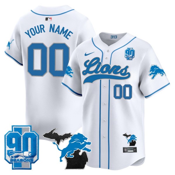 Men's Detroit Lions Custom White Nike Limited Stitched Baseball Jersey - Michigan State & 90th Season Patch