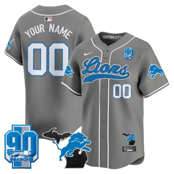 Men's Detroit Lions Custom Grey Nike Limited Stitched Baseball Jersey - Michigan State & 90th Season Patch