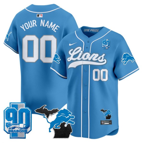 Men's Detroit Lions Custom Blue Nike Limited Stitched Baseball Jersey - Michigan State & 90th Season Patch