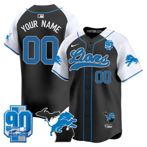 Men's Detroit Lions Custom Black White Nike Limited Stitched Baseball Jersey - Michigan State & 90th Season Patch