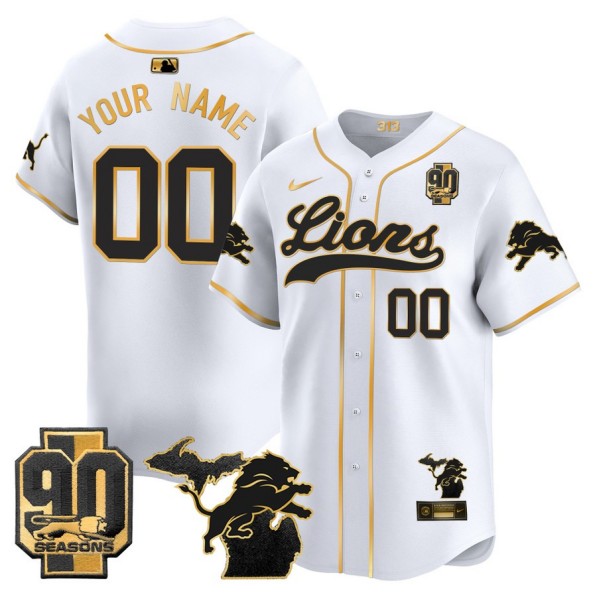 Men's Detroit Lions Custom White Gold Nike Limited Stitched Baseball Jersey - Michigan State & 90th Season Patch