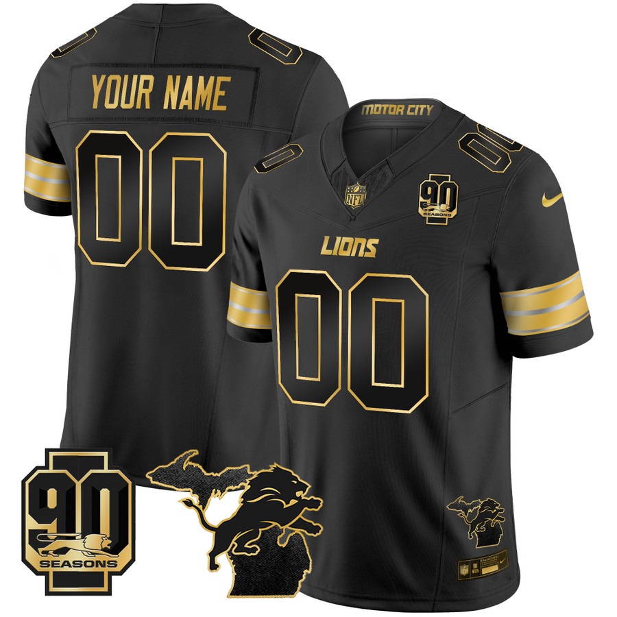 Men's Detroit Lions Custom Black Gold F.U.S.E. 2025 Nike Vapor Limited Stitched Jersey - Michigan Map & 90th Season Patch