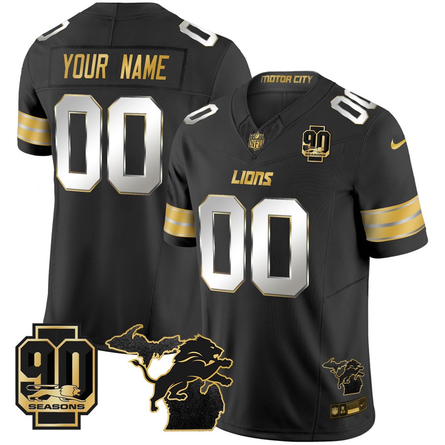 Men's Detroit Lions Custom Black F.U.S.E. 2025 Vapor Limited Stitched Nike Jersey - Michigan Map & 90th Season Patch