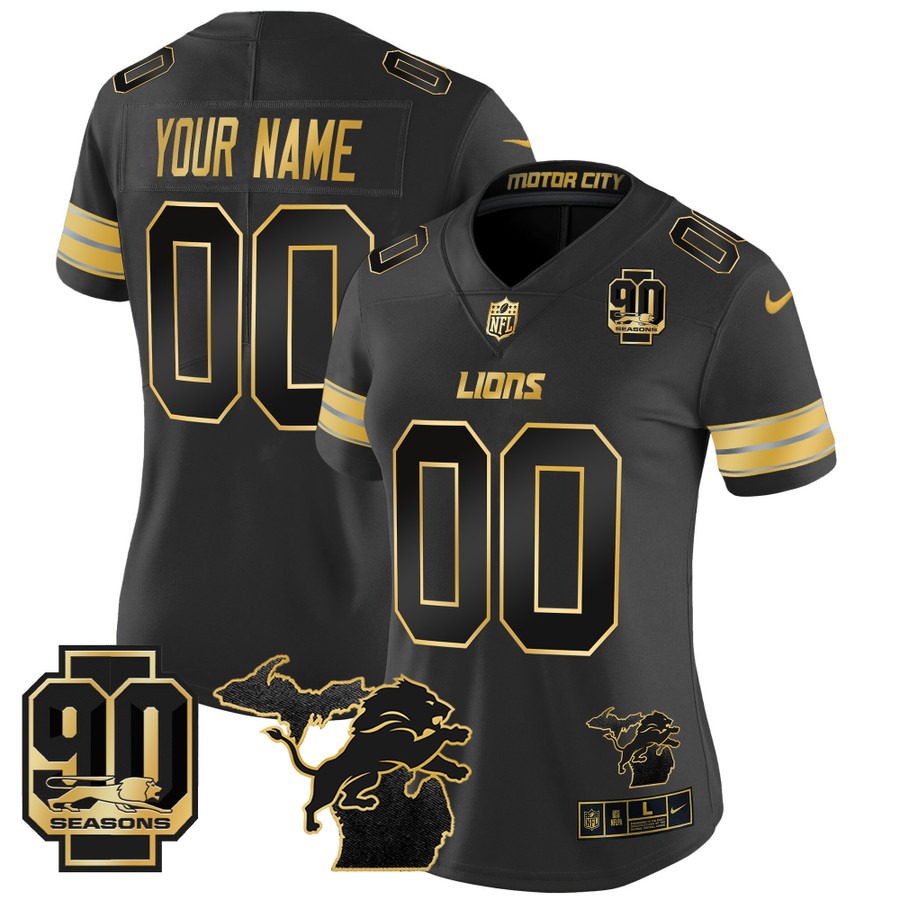 Women's Detroit Lions Custom Black Gold Nike 2025 Vapor Limited Stitched Jersey - Michigan Map & 90th Season Patch