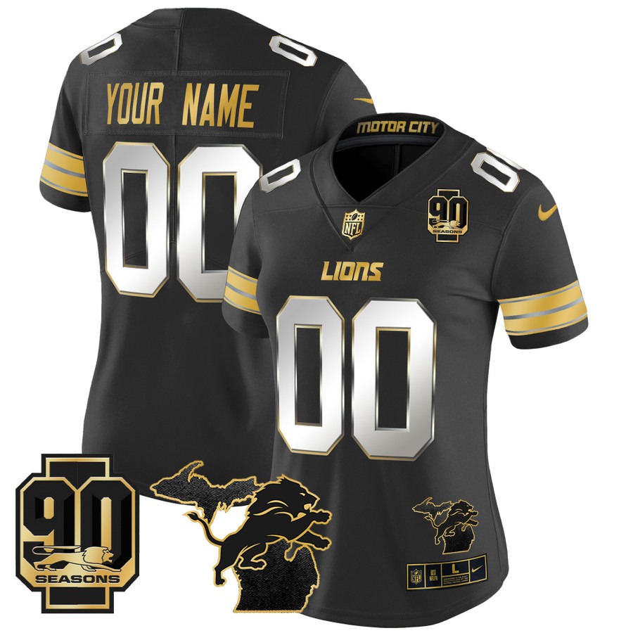 Women's Detroit Lions Custom Black Nike 2025 Vapor Limited Stitched Jersey - Michigan Map & 90th Season Patch