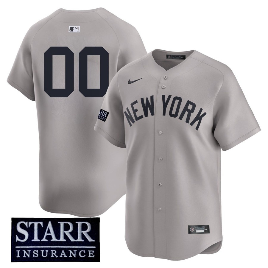 Men's New York Yankees Custom Grey Starr Insurance Patch Stitched Baseball Player Jersey