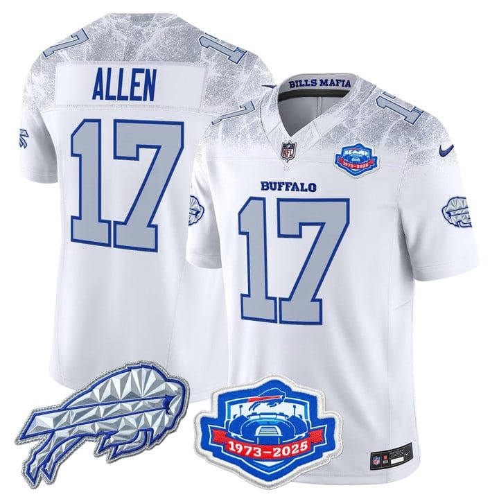 Men's Buffalo Bills #17 Josh Allen White 2025 Rivalries With Farewell Season Patch Vapor Limited Stitched Jersey