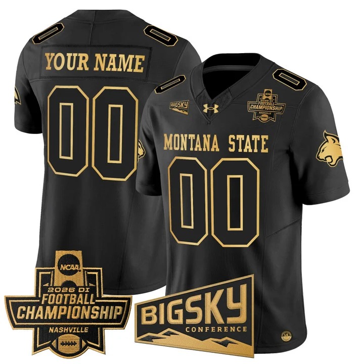 Men's Montana State Bobcats Custom Black Gold 2026 Football Championship F.U.S.E. Vapor Limited Stitched Jersey