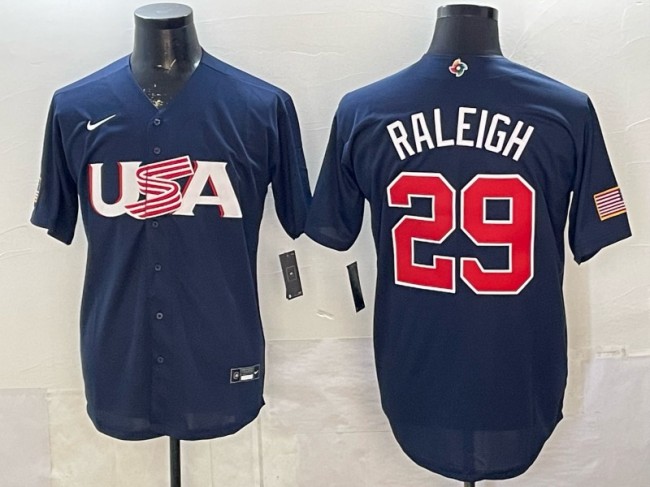 Men's USA Baseball #29 Cal Raleigh Navy 2023 World Baseball Classic Stitched Jersey