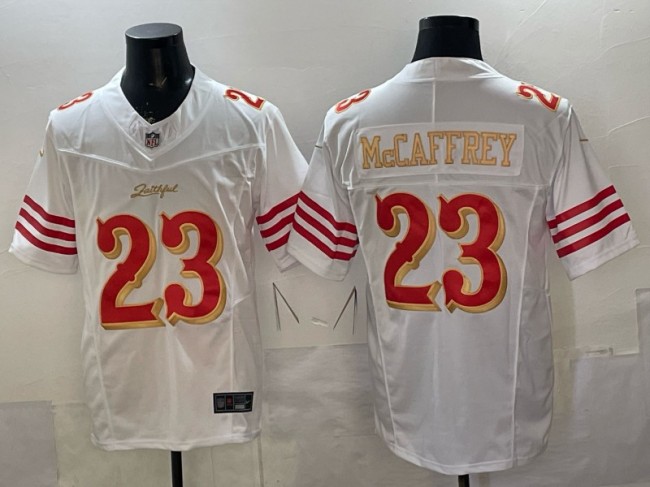 Men's San Francisco 49ers #23 Christian McCaffrey White Gold F.U.S.E. 2025 Rivalries Vapor Limited Stitched Football Jersey