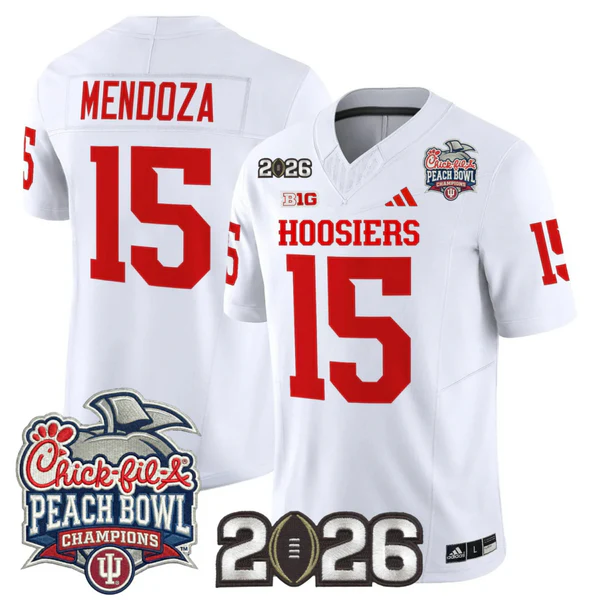 Men's Indiana Hoosiers #15 Fernando Mendoza White Peach Bowl Champions & 2026 CFP Finals Patch F.U.S.E. Vapor Limited V1 Stitched Jersey