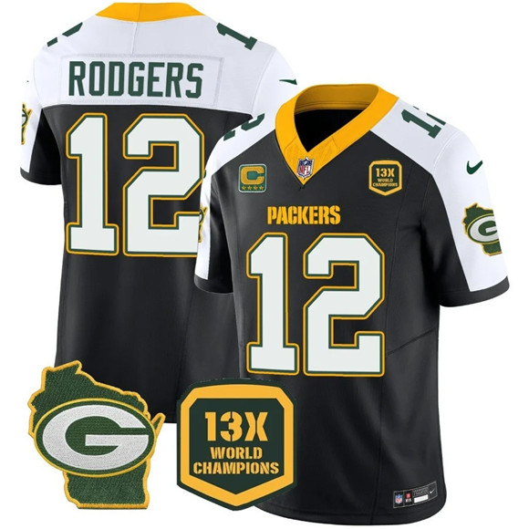 Men's Green Bay Packers #12 Aaron Rodgers Black White 2023 F.U.S.E. Home Patch With 4-Star C Patch 13 Time World Champions Vapor Untouchable Limited Stitched Football Jersey