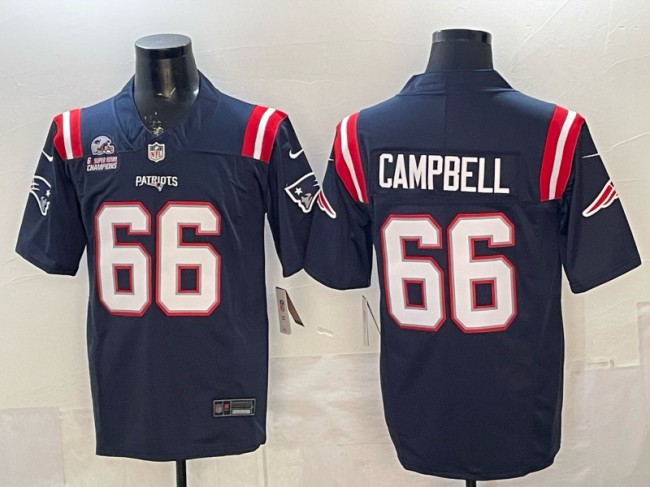 Men's New England Patriots #66 Will Campbell Navy F.U.S.E. 6-Time Champions Patch Vapor Limited Stitched Jerseys