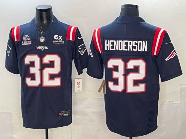 Men's New England Patriots #32 TreVeyon Henderson Navy With Two 6-Time Champions Patch F.U.S.E. Vapor Limited Stitched Jersey