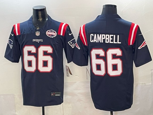 Men's New England Patriots #66 Will Campbell Navy F.U.S.E. 2025 AFC East Division Champions Patch Vapor Limited Stitched Jersey