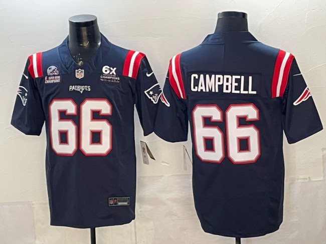 Men's New England Patriots #66 Will Campbell Navy F.U.S.E. With Two 6-Time Champions Patch Vapor Limited Stitched Jersey