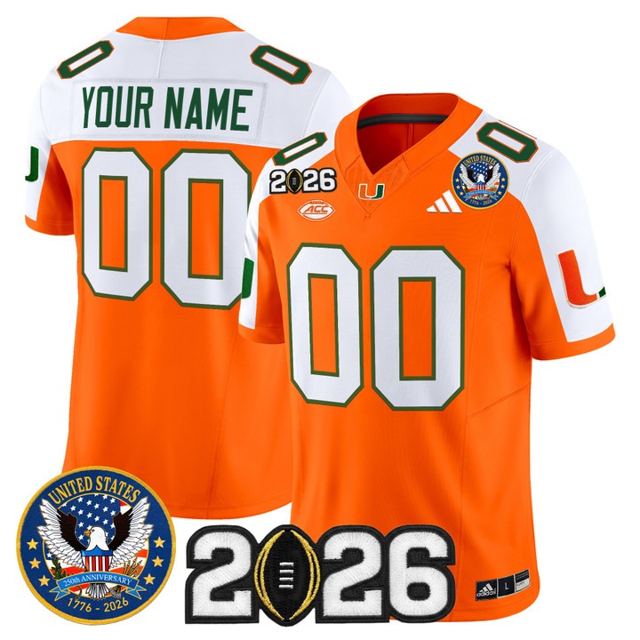 Men's Miami Hurricanes Custom Orange Alternate United States 250th Anniversary & 2026 CFP Final Patch F.U.S.E. Vapor Limited Stitched Jersey