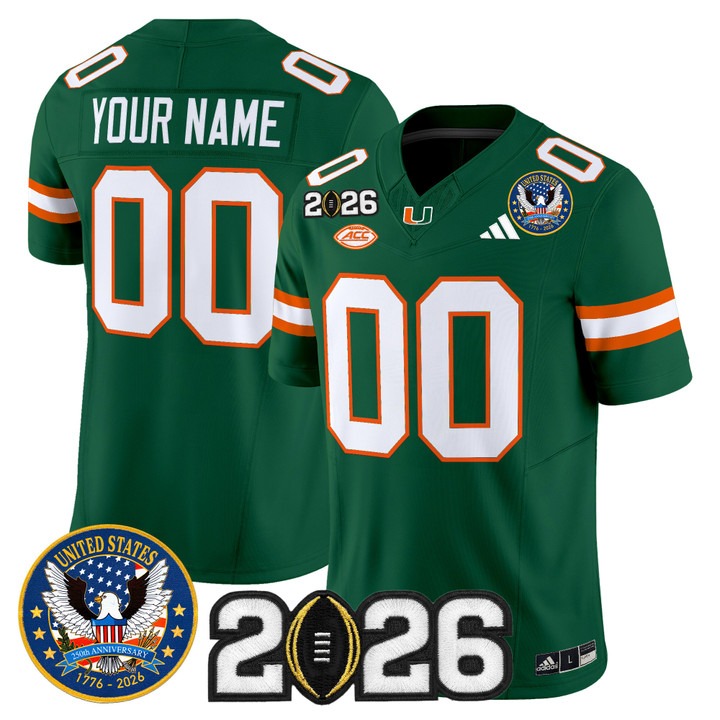 Men's Miami Hurricanes Custom Green United States 250th Anniversary & 2026 CFP Final Patch F.U.S.E. Vapor Limited Stitched Jersey