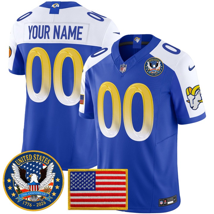 Men's Los Angeles Rams Custom Royal Alternate 2026 United States 250th Anniversary Patch F.U.S.E. Vapor Limited Stitched Jersey