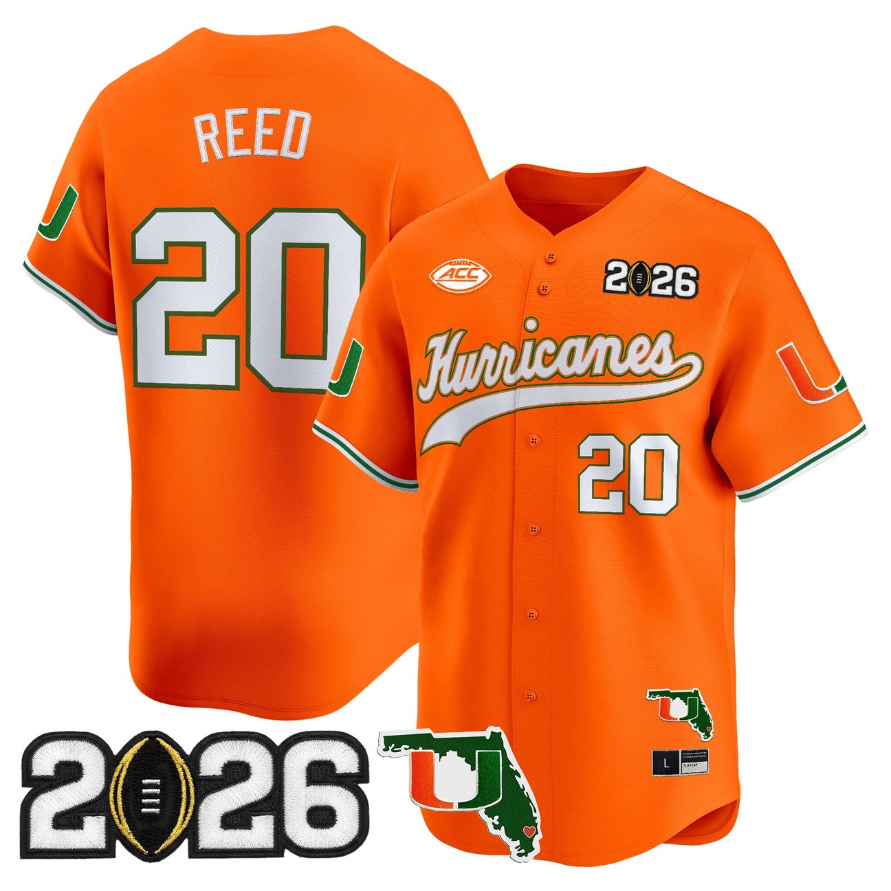 Men's Miami Hurricanes Baseball #20 Ed Reed Orange 2026 CFP Final & Florida Patch Limited Stitched Jersey