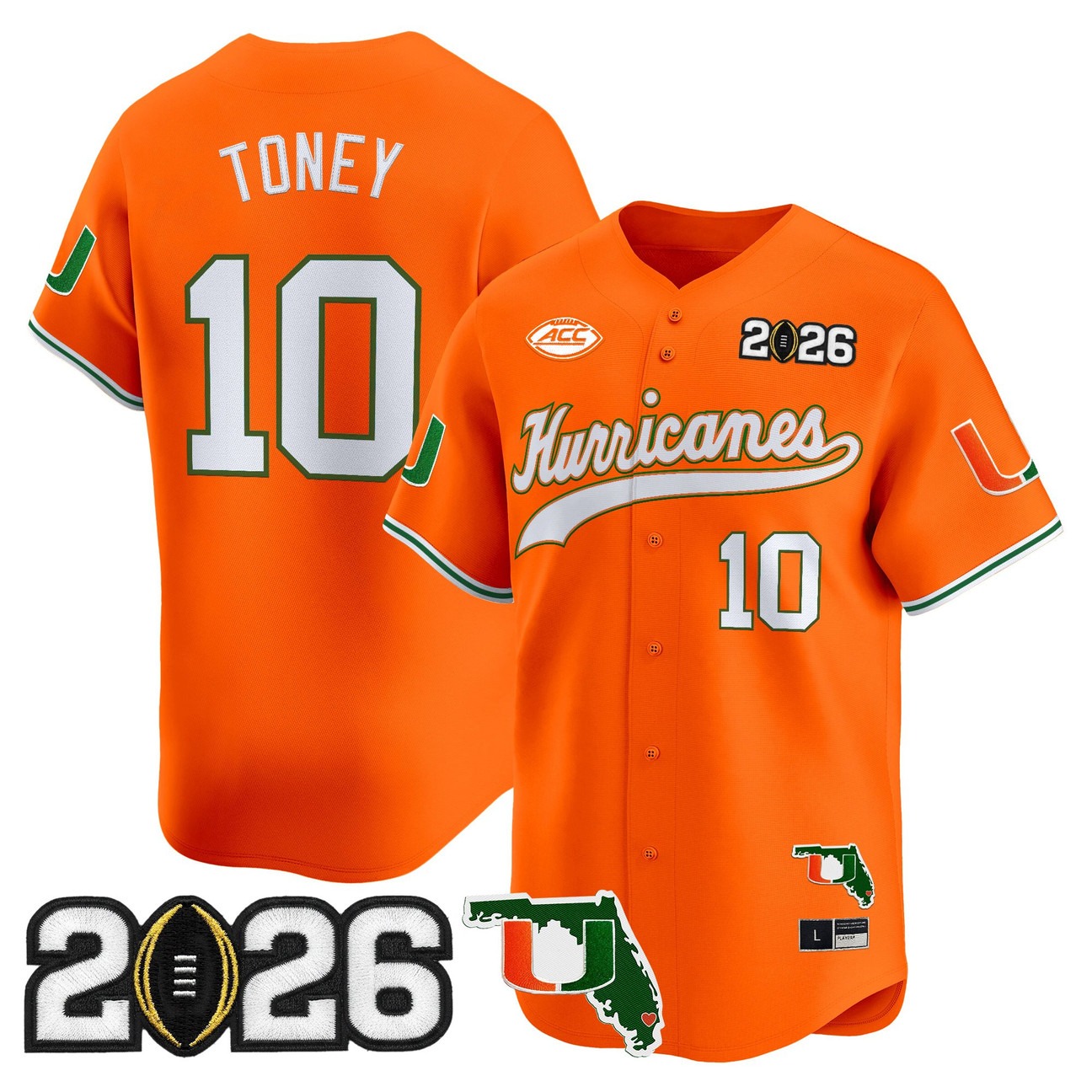 Men's Miami Hurricanes Baseball #10 Malachi Toney Orange 2026 CFP Final & Florida Patch Limited Stitched Jersey