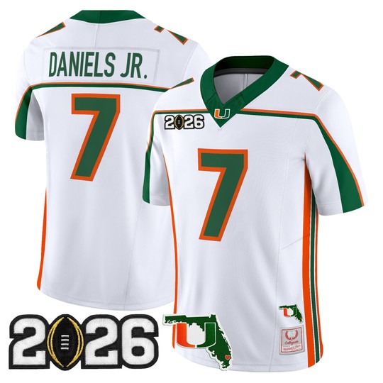 Men's Miami Hurricanes #7 CJ Daniels White Throwback 2026 CFP Final & Florida Patch F.U.S.E. Vapor Limited Stitched Jersey