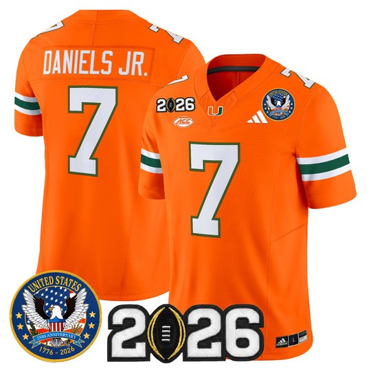 Men's Miami Hurricanes #7 CJ Daniels Orange United States 250th Anniversary & 2026 CFP Final Patch F.U.S.E. Vapor Limited Stitched Jersey