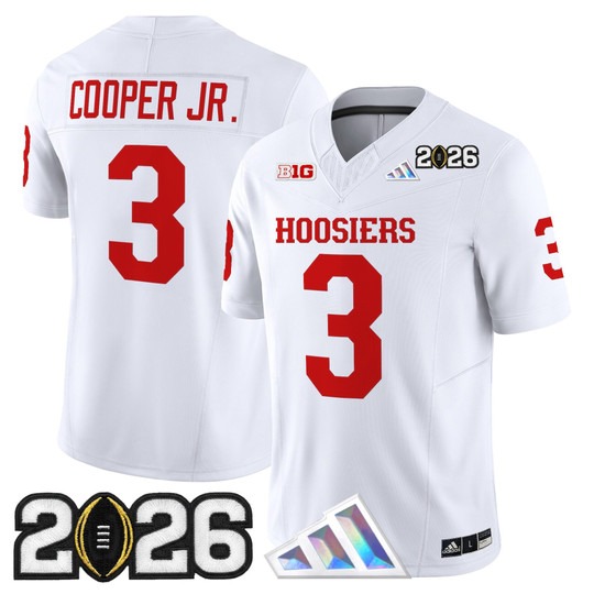 Men's Indiana Hoosiers #3 Omar Cooper Jr. White 2026 CFP Final Patch F.U.S.E. Vapor Limited V4 Stitched Jersey