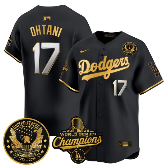 Men's Los Angeles Dodgers #17 Shohei Ohtani Black Gold 2025 World Series Champions & America 250th Patch Gold Trim Limited Stitched Jersey