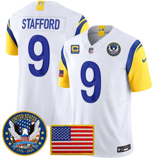Men's Los Angeles Rams #9 Matthew Stafford White 2026 United States 250th Anniversary Patch F.U.S.E. Vapor Limited Stitched Jersey