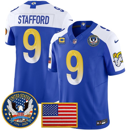 Men's Los Angeles Rams #9 Matthew Stafford Royal Alternate 2026 United States 250th Anniversary Patch F.U.S.E. Vapor Limited Stitched Jersey