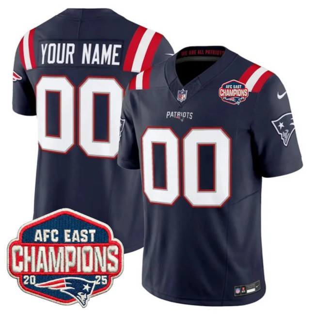 New England Patriots Custom Navy F.U.S.E. 2025 AFC East Division Champions Vapor Limited Stitched Jersey