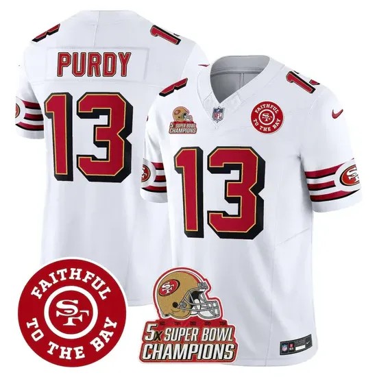 Men's San Francisco 49ers #13 Brock Purdy White F.U.S.E. Throwback 5X Super Bowl Champions & Faithful To The Bay Patch Vapor Limited Stitched Jersey