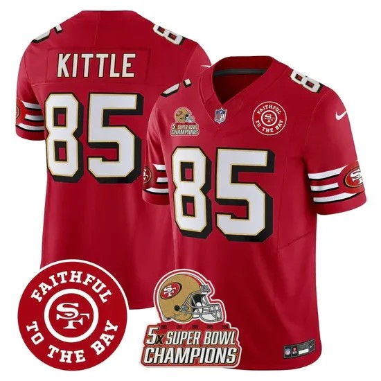 Men's San Francisco 49ers #85 George Kittle Red F.U.S.E. Throwback 5X Super Bowl Champions & Faithful To The Bay Patch Vapor Limited Stitched Jersey