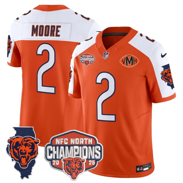 Men's Chicago Bears #2 DJ Moore Orange White F.U.S.E. 2025 NFC North Division Champions Vapor Limited Stitched Jersey