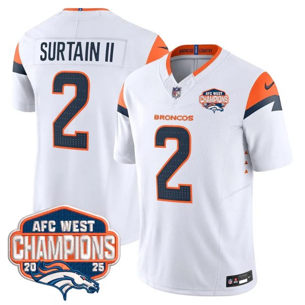 Men's Denver Broncos #2 Patrick Surtain II White F.U.S.E. 2025 AFC West Division Champions Vapor Limited Stitched Jersey