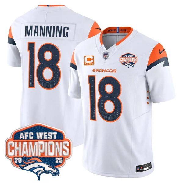Men's Denver Broncos #18 Peyton Manning White F.U.S.E. 2025 AFC West Division Champions Vapor Limited Stitched Jersey