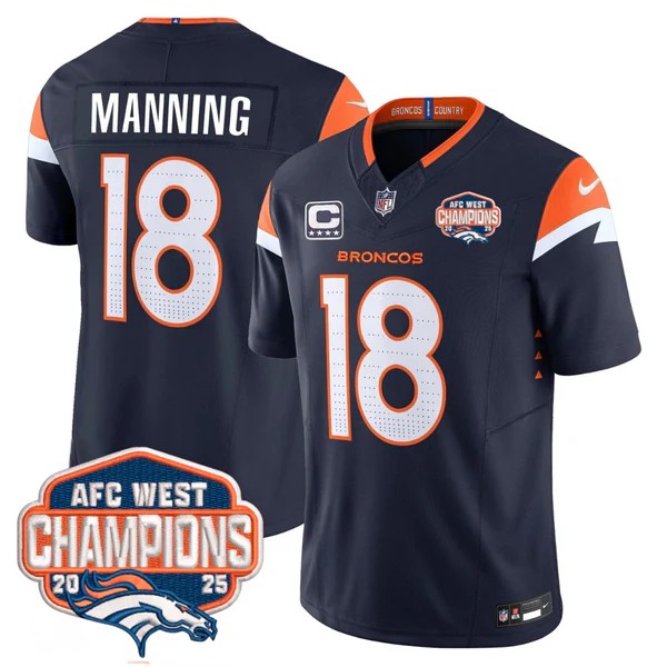 Men's Denver Broncos #18 Peyton Manning Navy F.U.S.E. 2025 AFC West Division Champions Vapor Limited Stitched Jersey