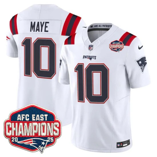 Men's New England Patriots #10 Drake Maye White F.U.S.E. 2025 AFC East Division Champions Vapor Limited Stitched Jersey