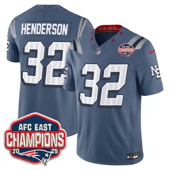 Men's New England Patriots #32 TreVeyon Henderson Storm Blue Rivalries F.U.S.E. 2025 AFC East Division Champions Vapor Limited Stitched Jersey
