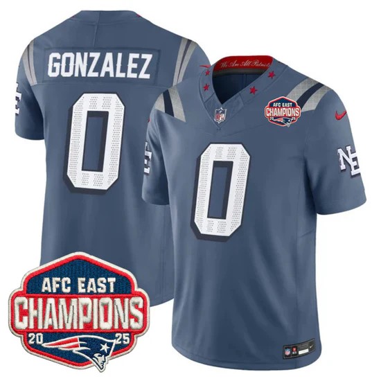 Men's New England Patriots #0 Christian Gonzalez Storm Blue Rivalries F.U.S.E. 2025 AFC East Division Champions Vapor Limited Stitched Jersey