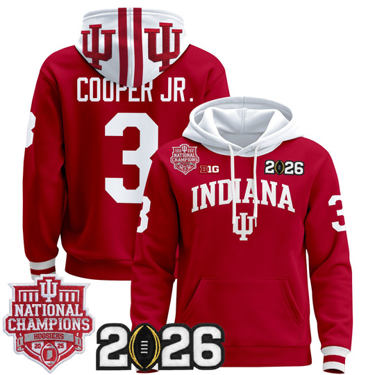 Men's Indiana Hoosiers #3 Omar Cooper Jr. Crimson 2025 National Champions & 2026 CFP Final Patch Stitched Pullover Hoodie
